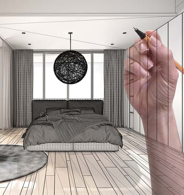 Picture of a living room sketch, color palette, and pencils along with a hand designing an interior plan