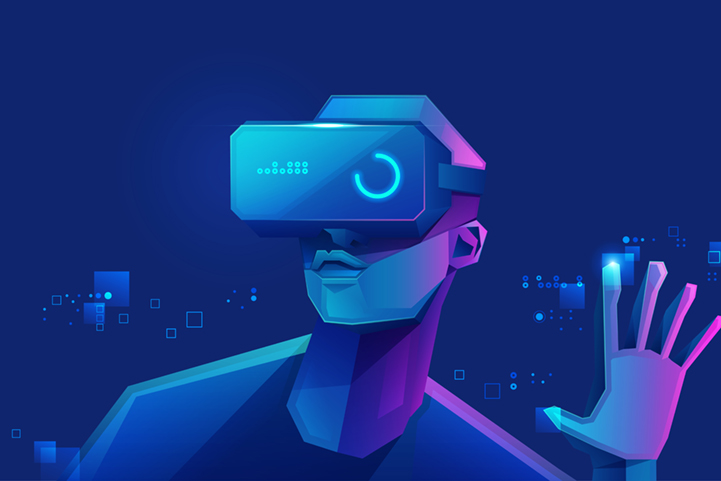 Illustration of virtual reality technology, showing a teenage gamer wearing a VR goggles while playing a game