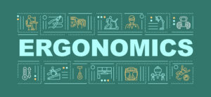 An ergonomics word concept banner. Creation of health protection body treatment products. A green background is used in the infographics with linear icons.
