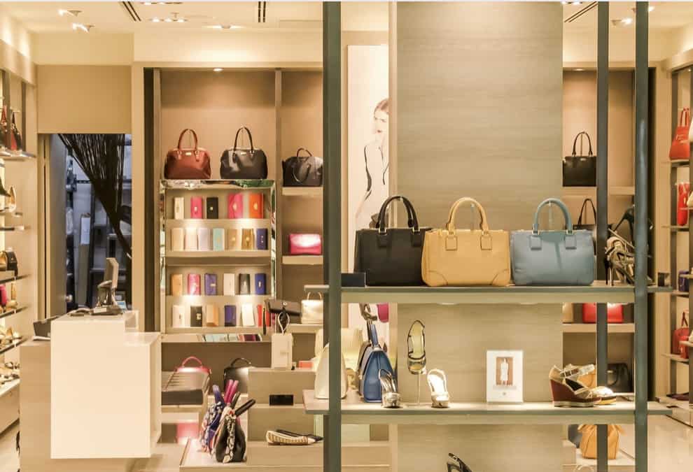 Beautiful store interiors displaying handbags and wallets designed by a M.DES in furniture and interior design student at chennai